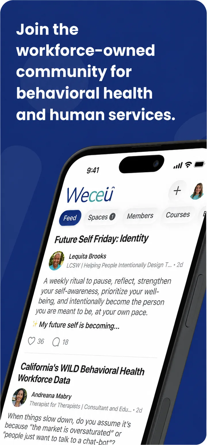 The Weceu feed, showing posts from members of the behavioral health and human services workforce.