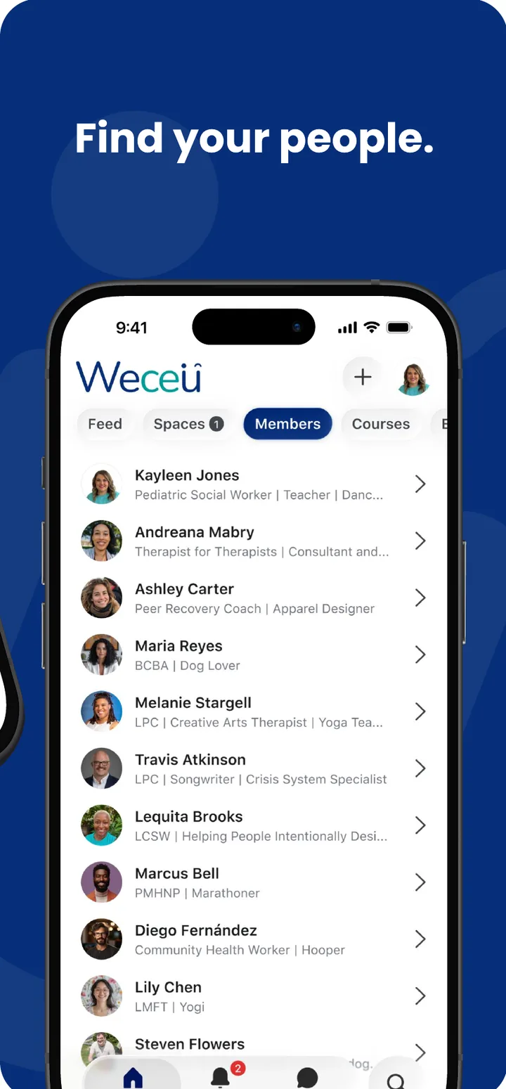 The Weceu member directory, showing colleagues across the workforce and what they do.